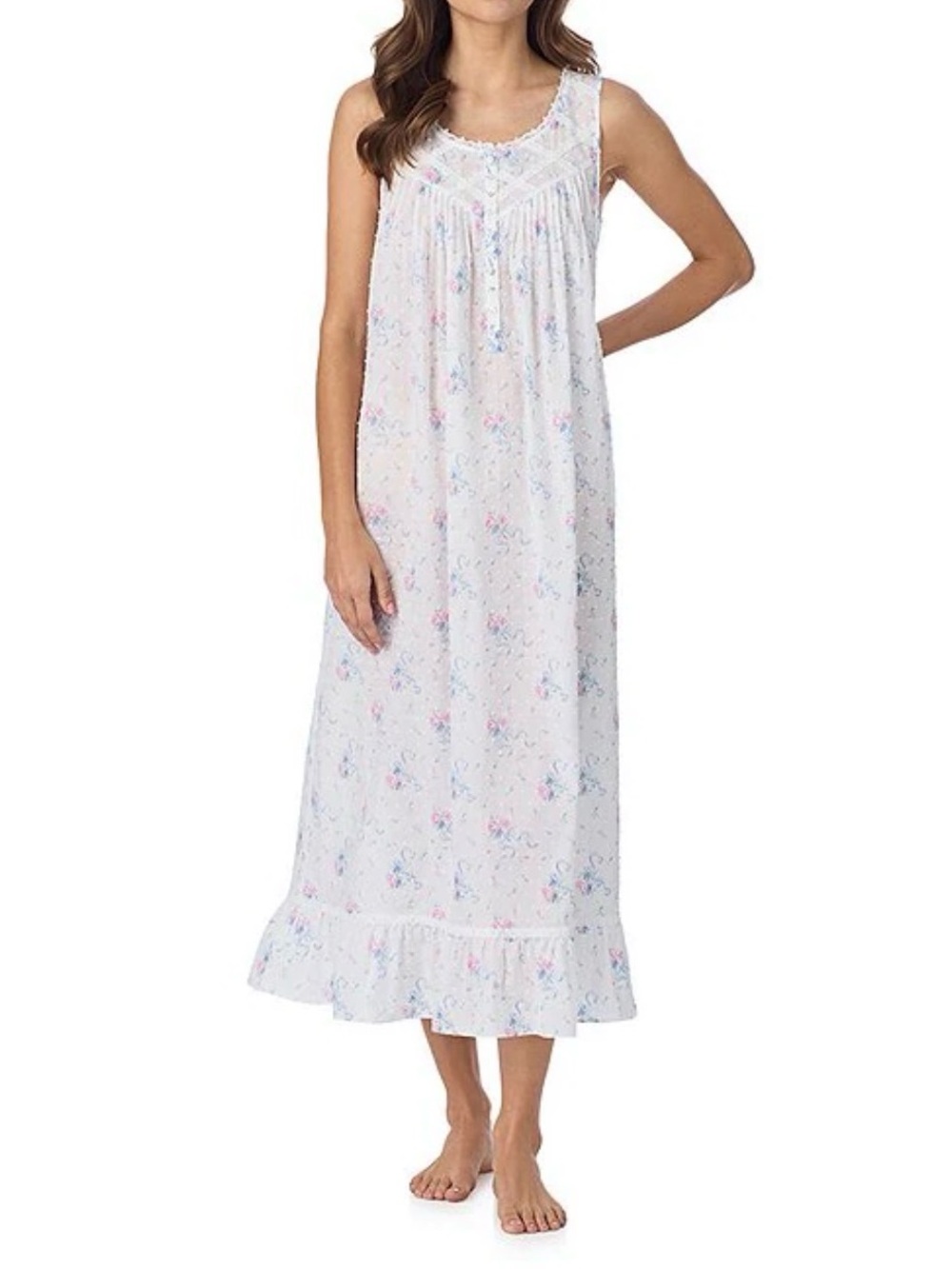Eileen West Floral Modal Nightgown Size M Light Blue Pink Rose Print Cap Sleeve